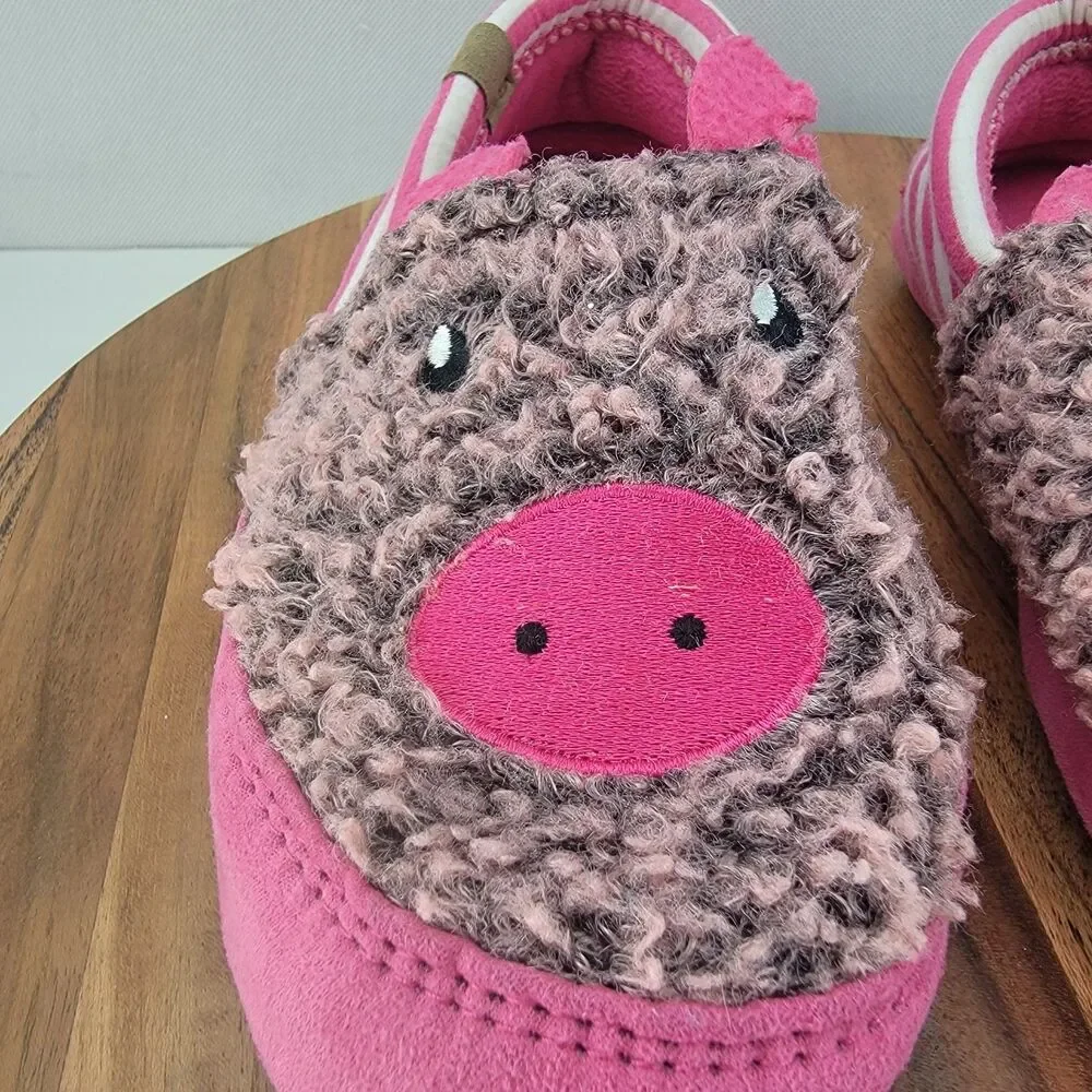 Acorn Kids Girls Size 3-4 Pink Pig Slip On Loafer Faux Fur Slippers